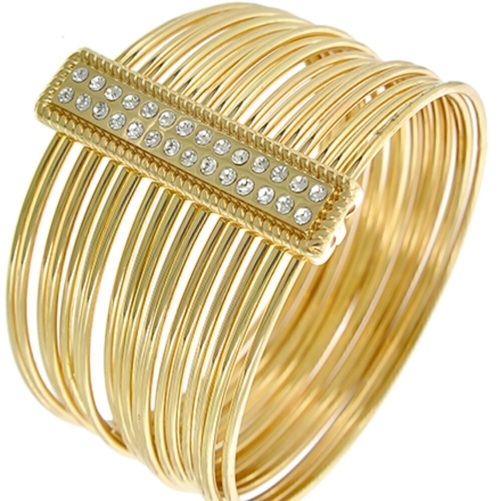 Womens Ladies Gold Metal 2" Pave Bar Clear Crystal Accent Bracelet Bangle NWT